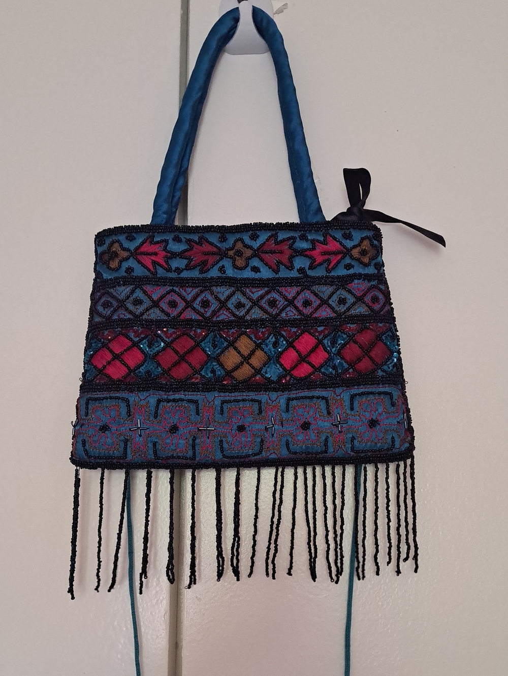 Hand - Embroidered Fringe Shoulder Bag with Multicolor Accents